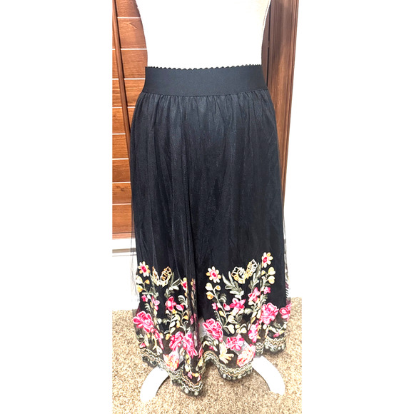Magic Black Skirt Floral Embroidered Mesh overlay midi whimsigoth Fairy Goth L - Picture 1 of 8